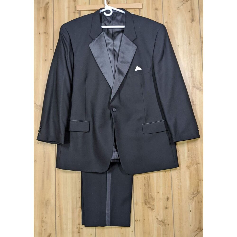 Versini Tuxedo One Button Mens Jacket 42R Pants 40x29 Black 100% Wool Suit Tux